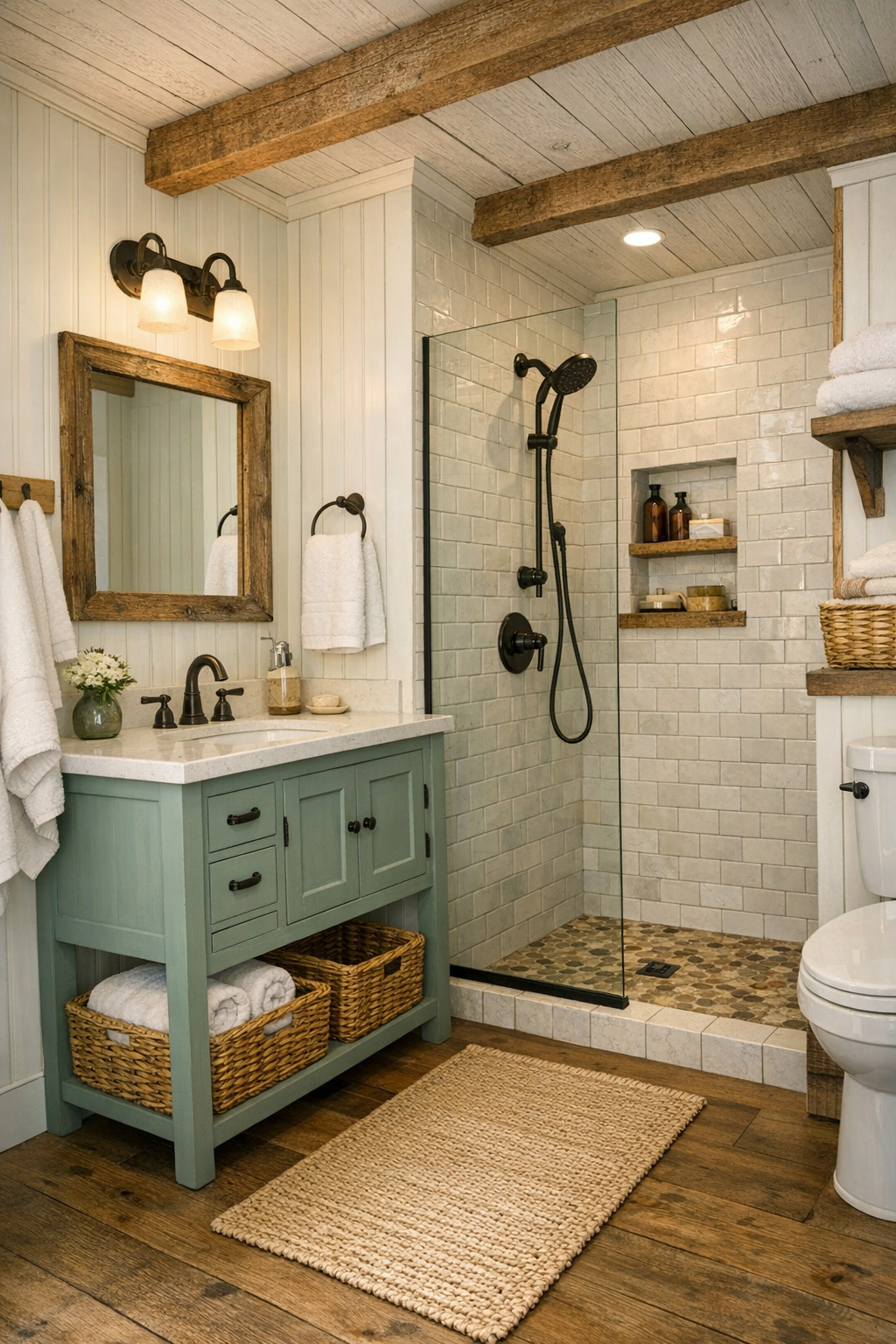 Bright tiny home bathroom with wood vanity and simple tiled shower