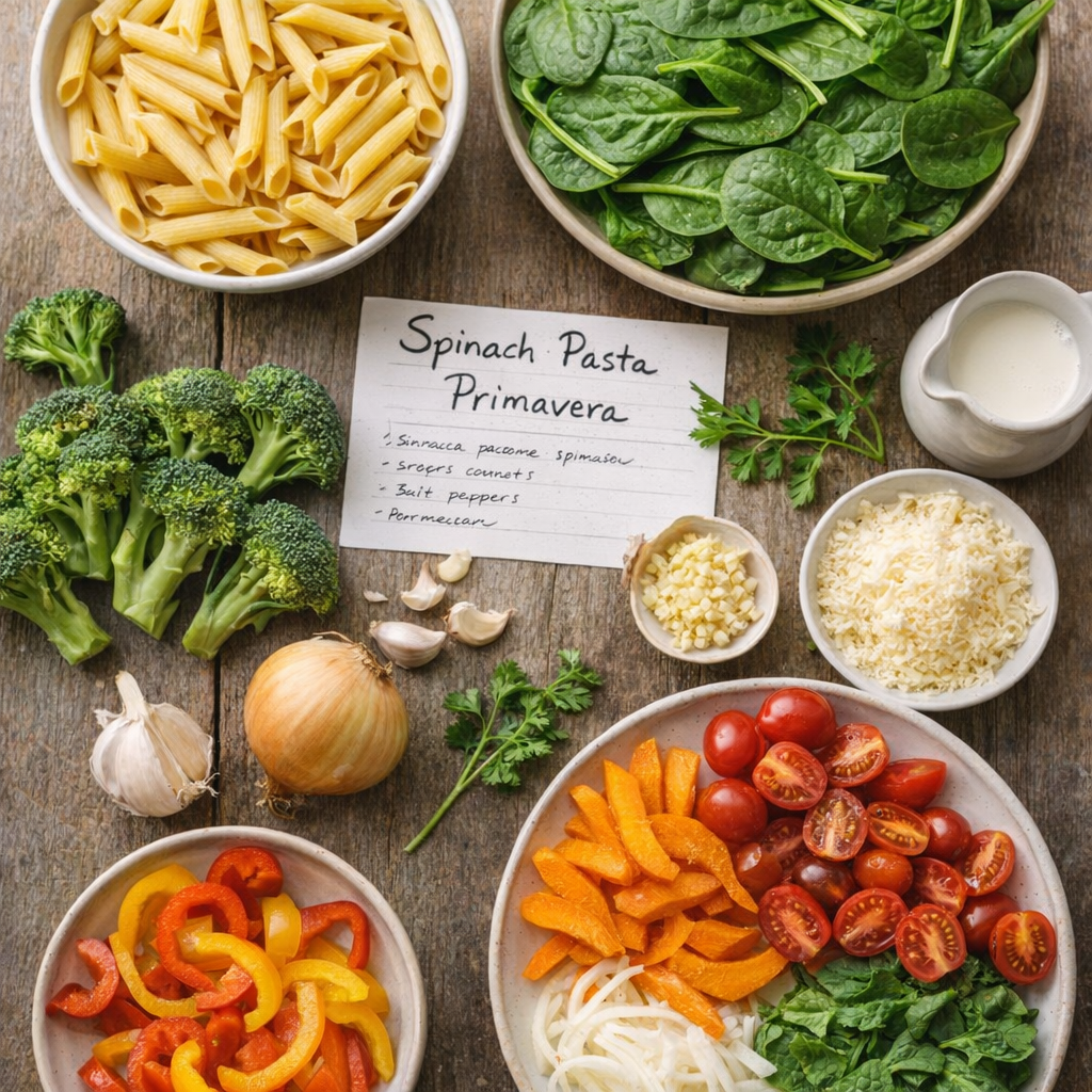 Friske grøntsager og pasta ingredienser lagt ud på et bord