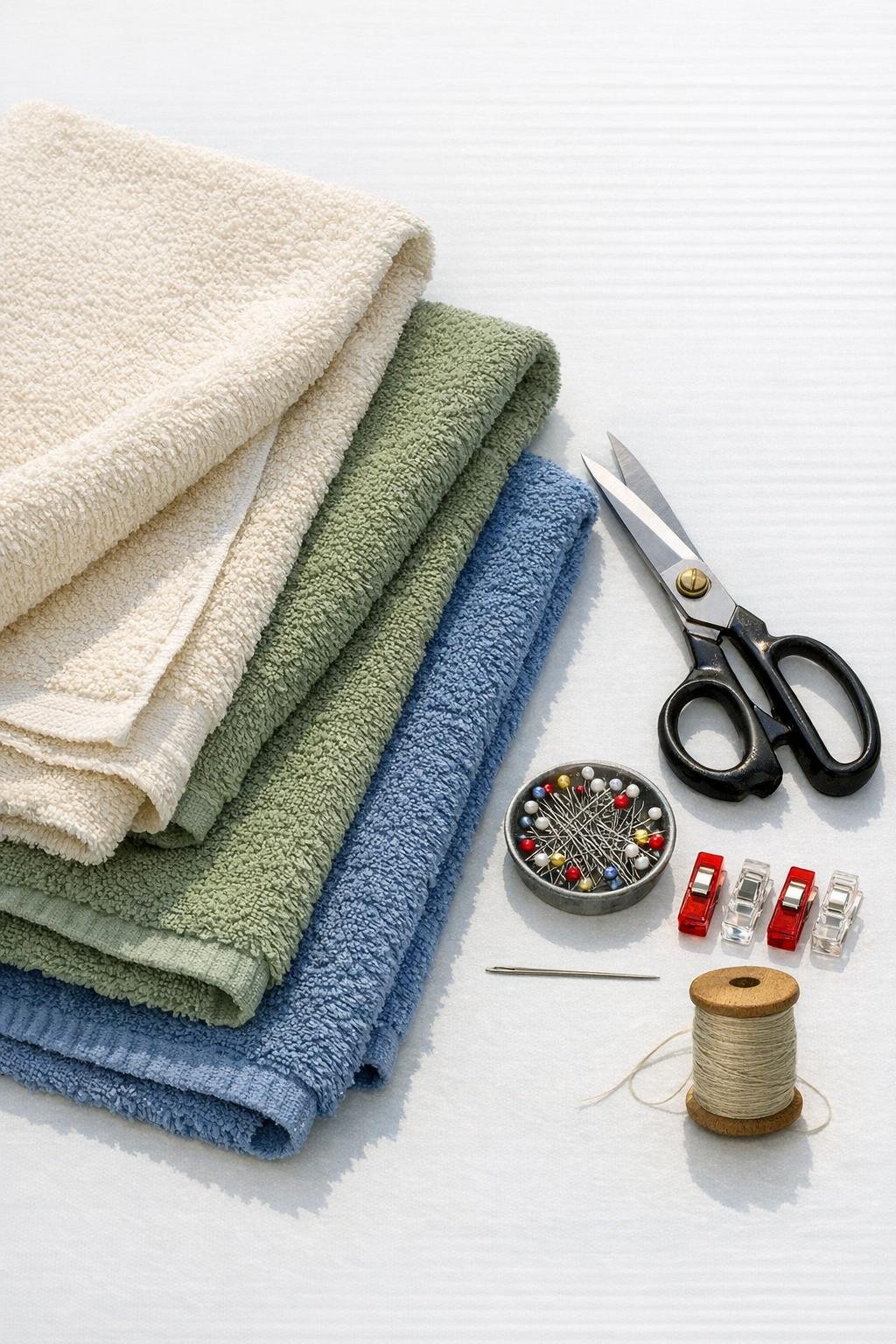 Old bath towels, scissors, pins, needle, and thread laid out for making a braided towel basket
