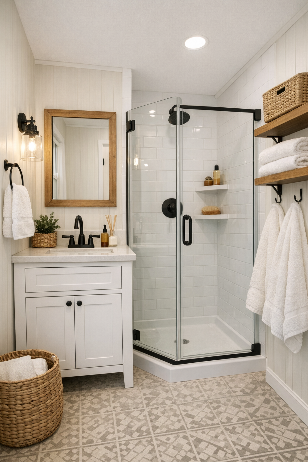 Compact farmhouse bathroom with a white vanity, black fixtures, and a bright tiled shower