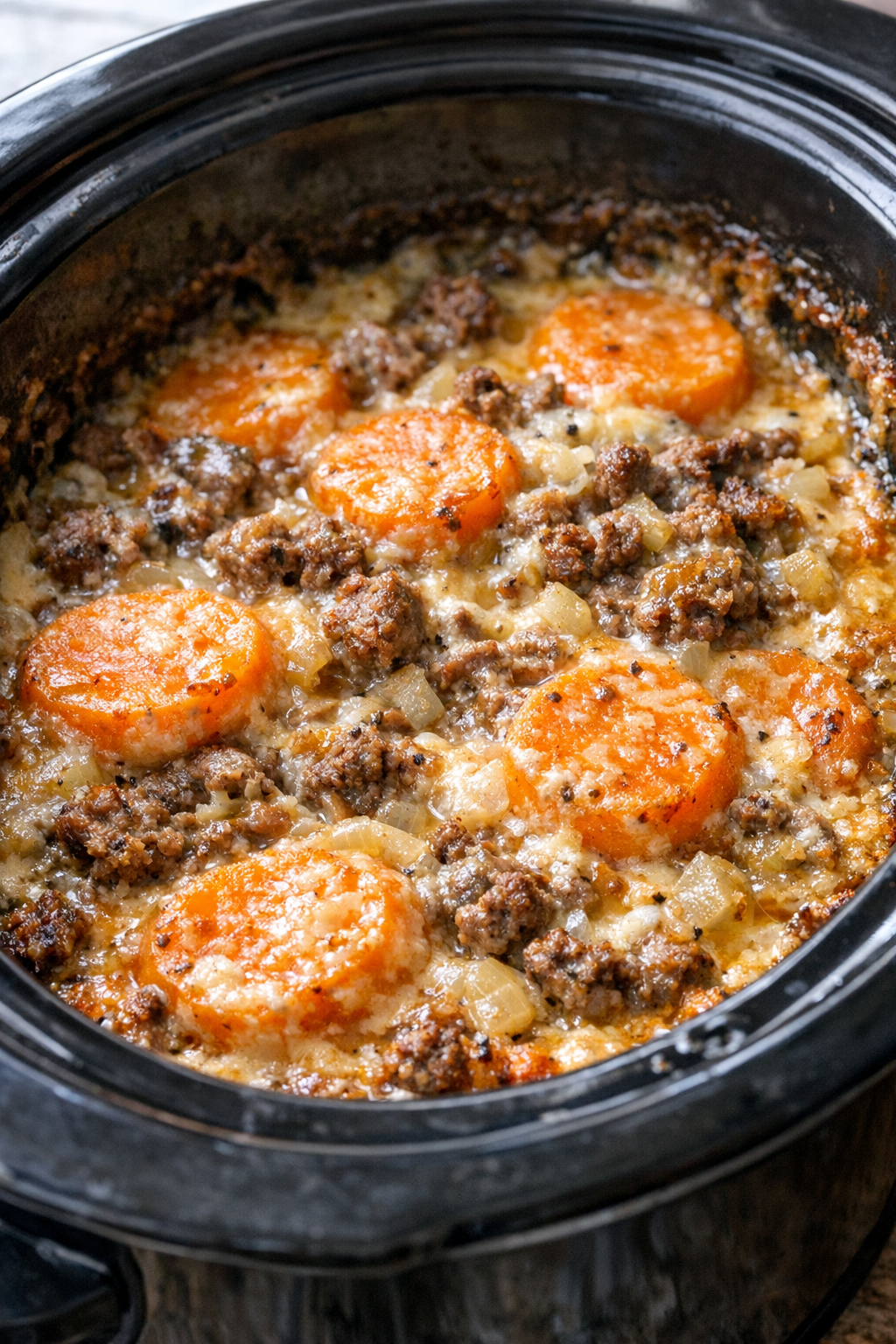 Casserole cooked until tender and bubbly in the slow cooker
