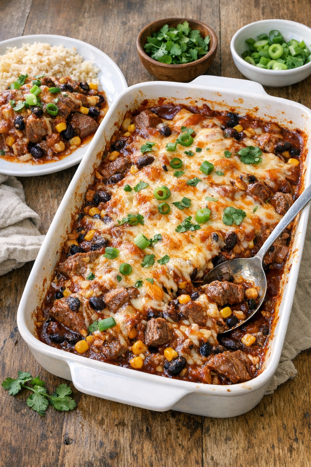 Finished baked beef enchilada casserole in a baking dish