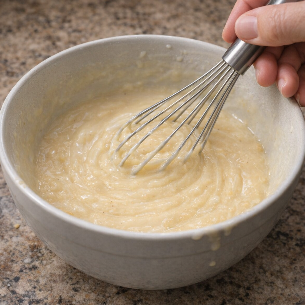 Creamy sauce being whisked in a mixing bowl