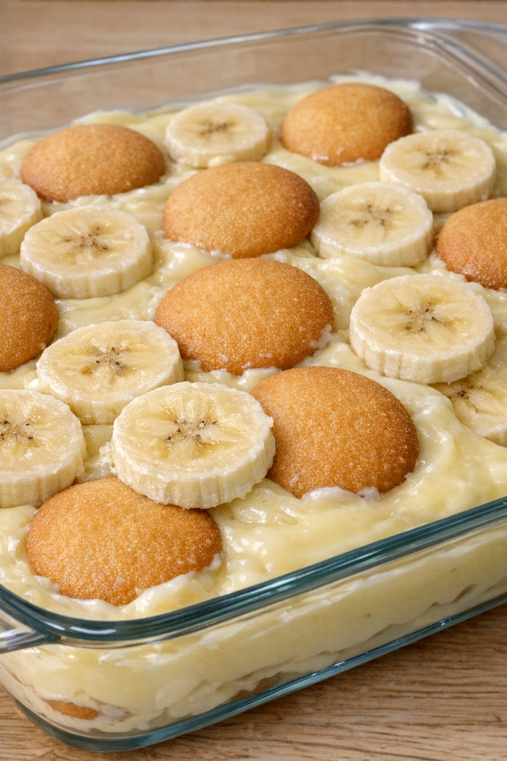 4-ingredient banana pudding in a clear glass baking dish