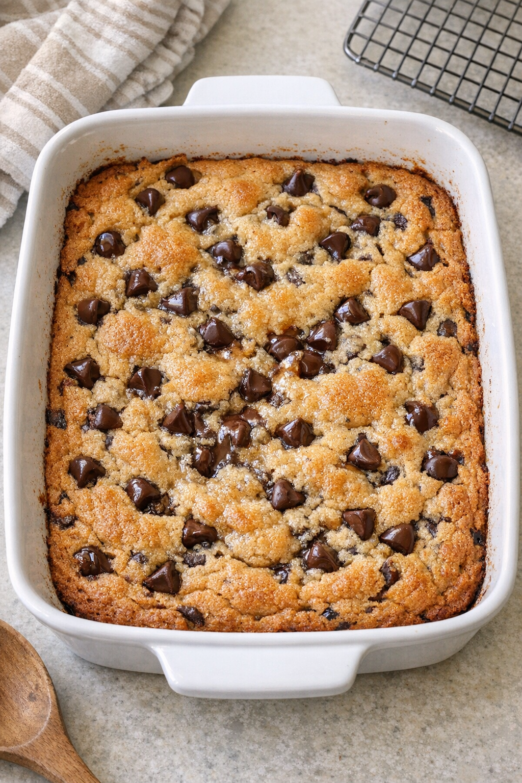 Finished baked chocolate chip cookie dessert in casserole dish
