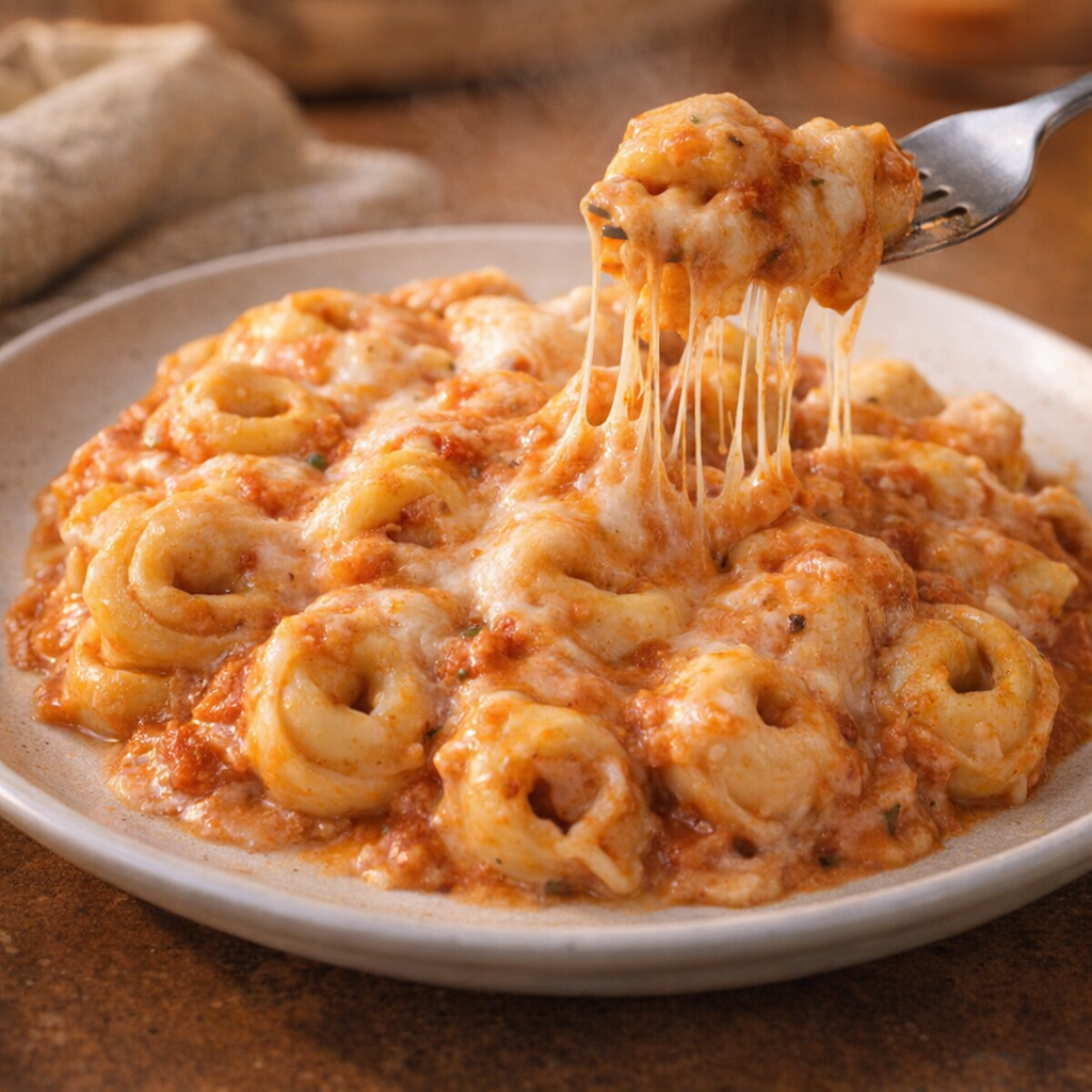 Served tortellini bake on a dinner plate
