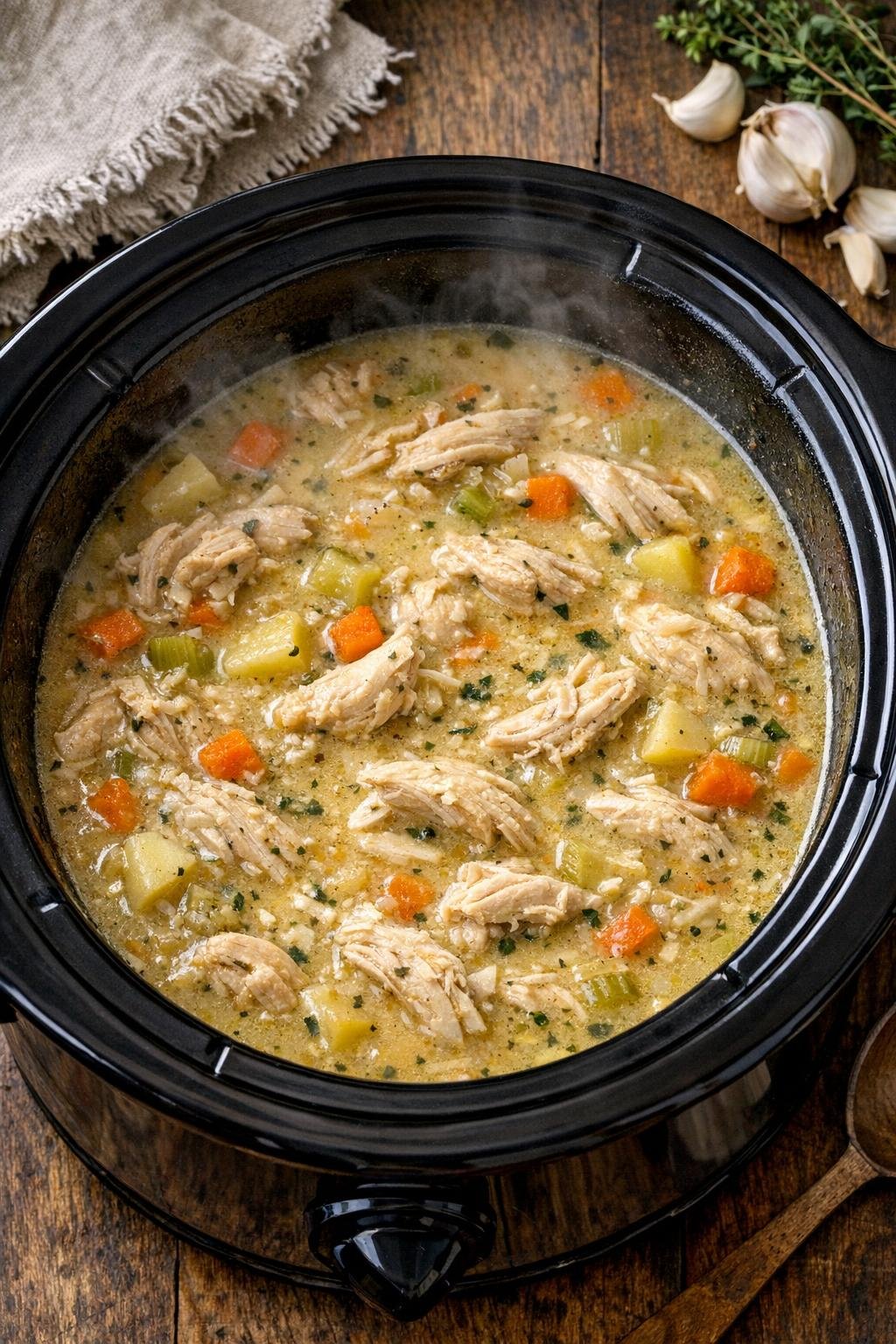 Kippensoep gekookt in de slowcooker na het sudderen.