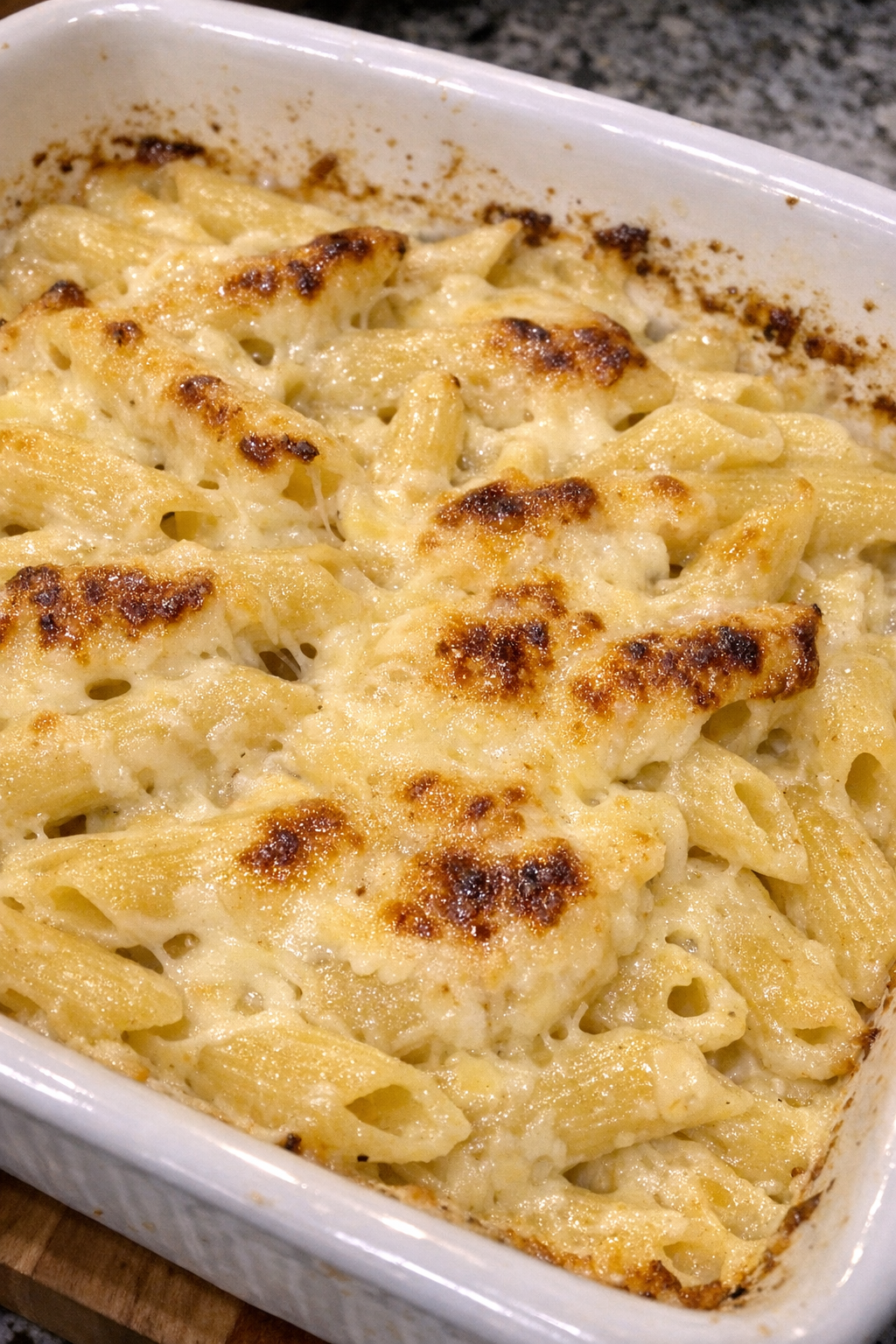 Creamy baked havarti penne in a white casserole dish