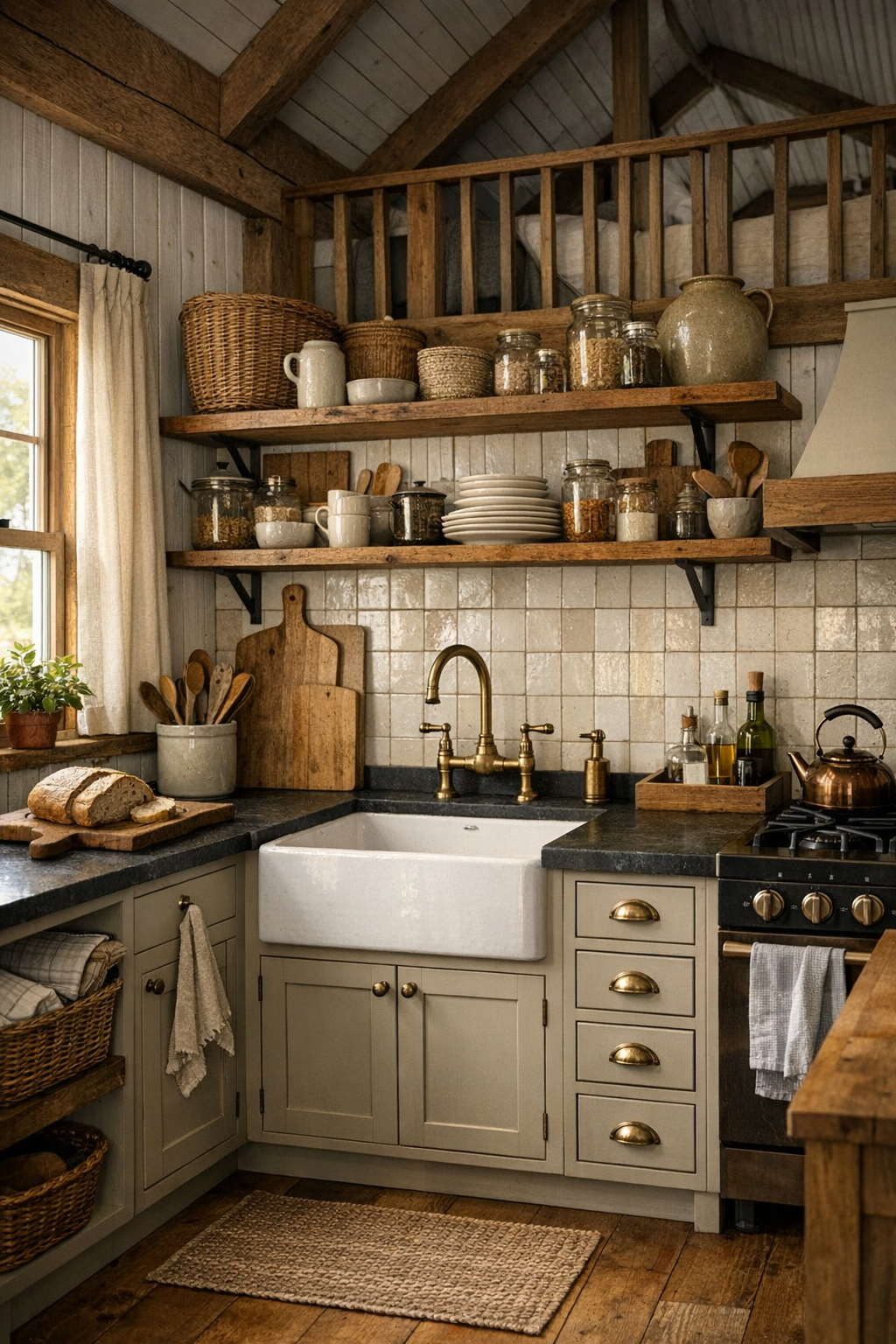 Handcrafted tiny home kitchen with oatmeal cabinets, dark counters, and a farmhouse sink