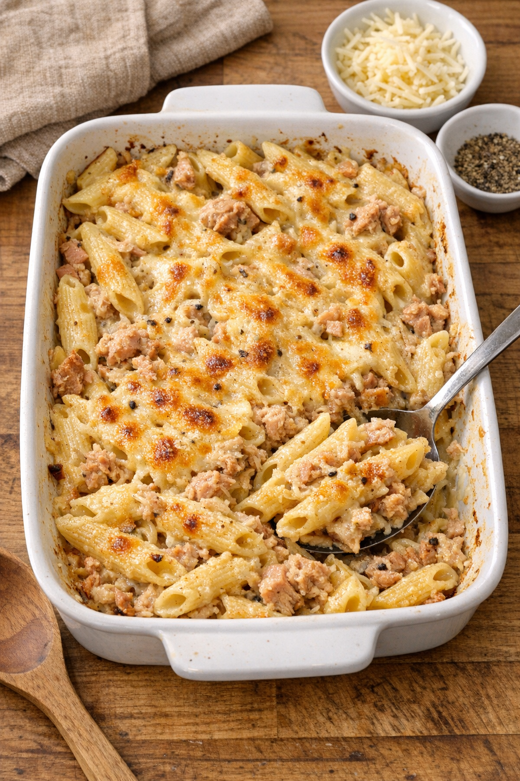 Finished smoked tuna penne bake in a casserole dish