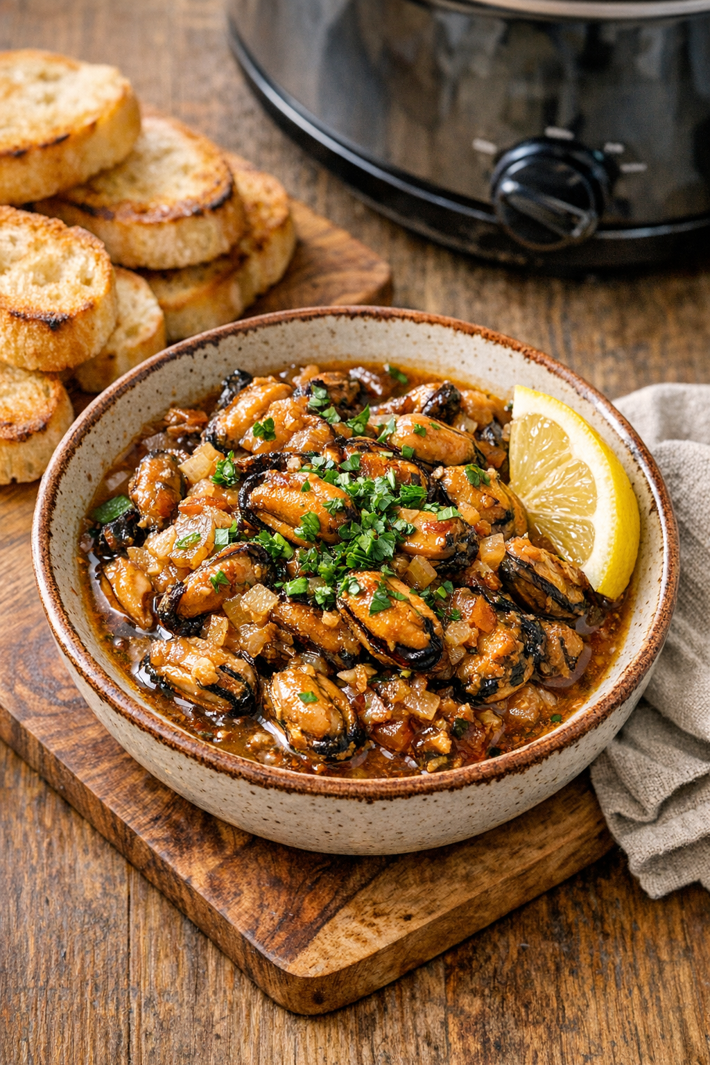Finished smoked mussels served warm in a rustic bowl
