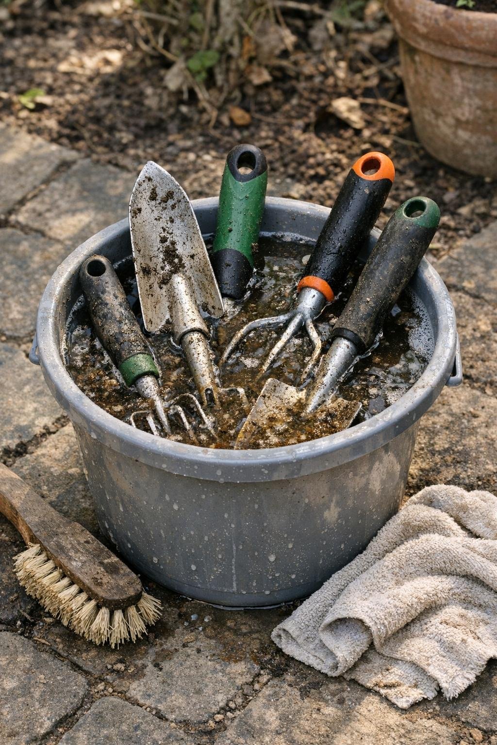 Gardening hand tools soaking to remove soil and grime
