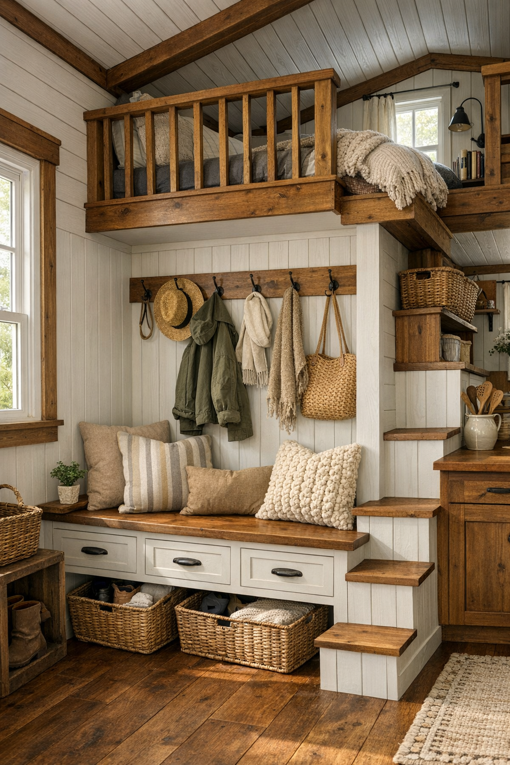 Thoughtful tiny home entry and loft area with built-in storage, paneling, and cozy details