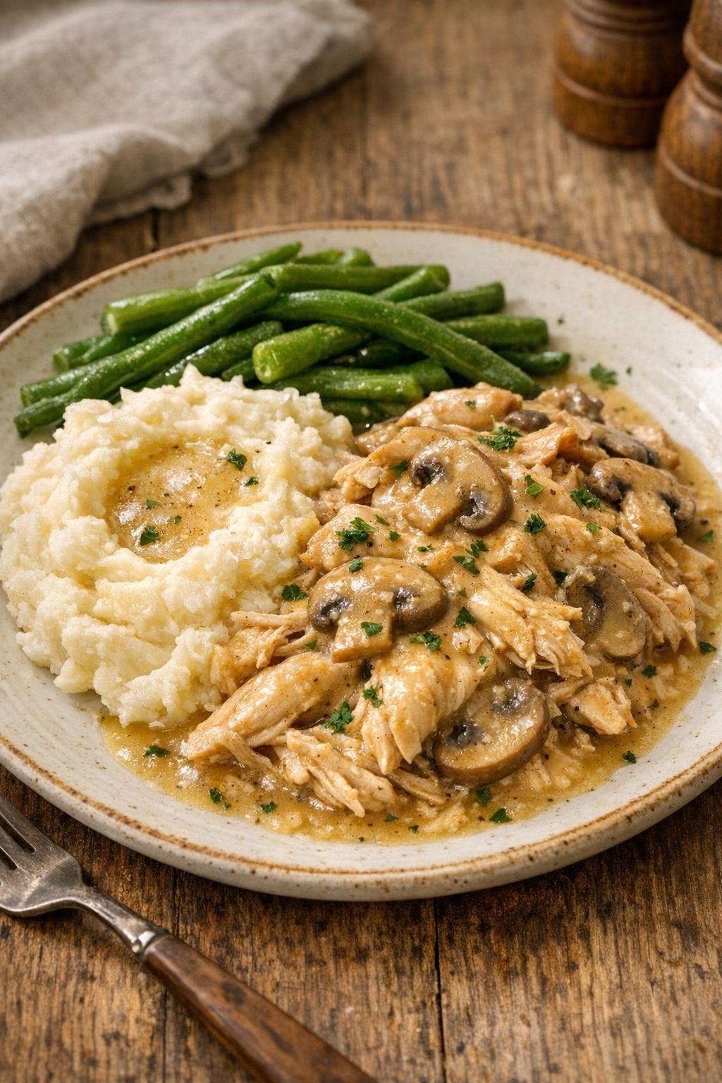 Een kant-en-klare Amish kip met champignons, geserveerd met aardappelpuree.