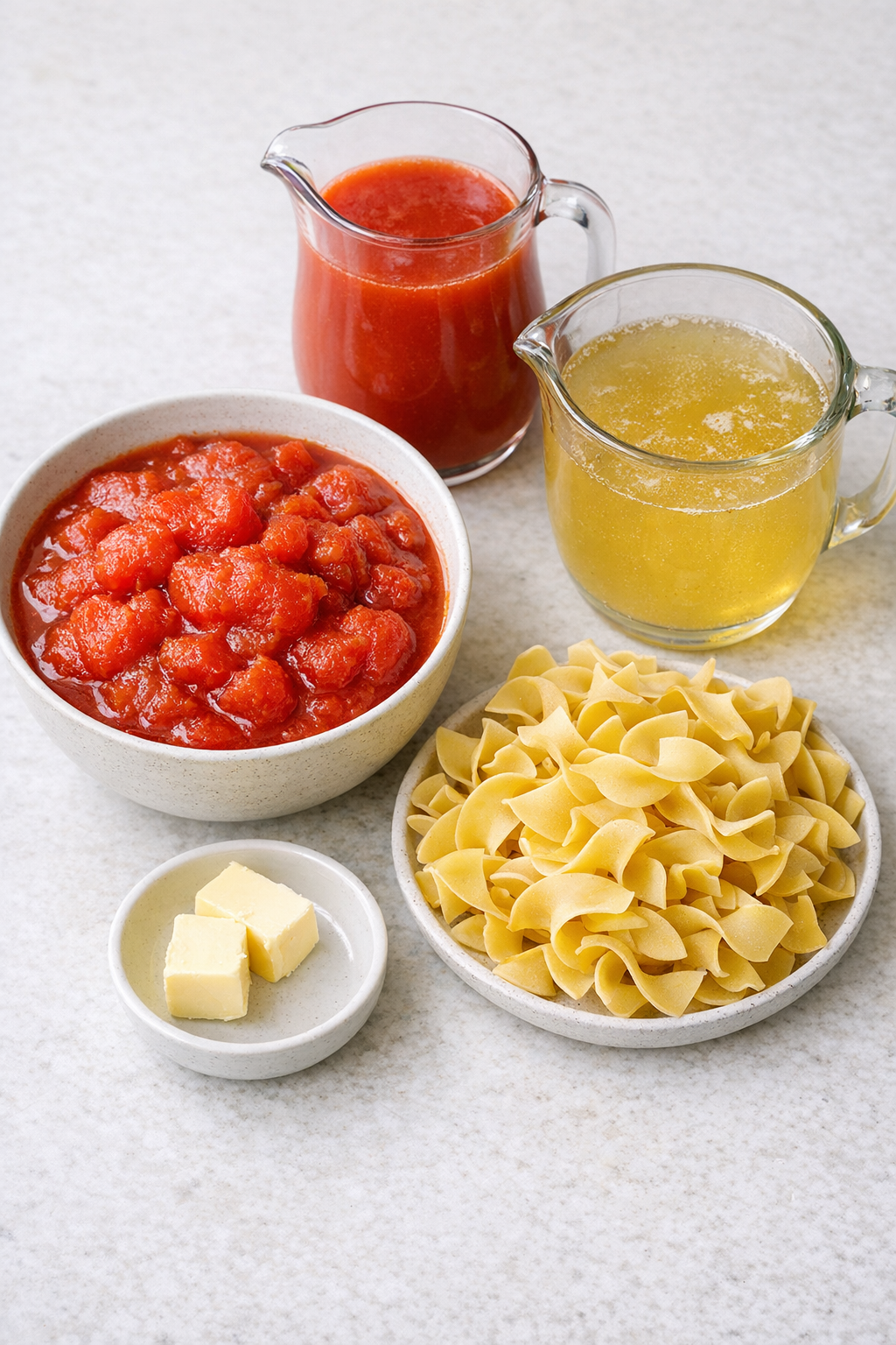 Main ingredients for tomato noodle soup laid out on a counter