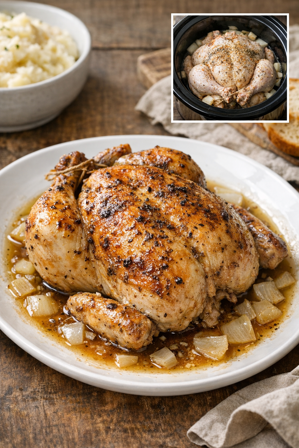 Finished slow cooker whole chicken on a platter
