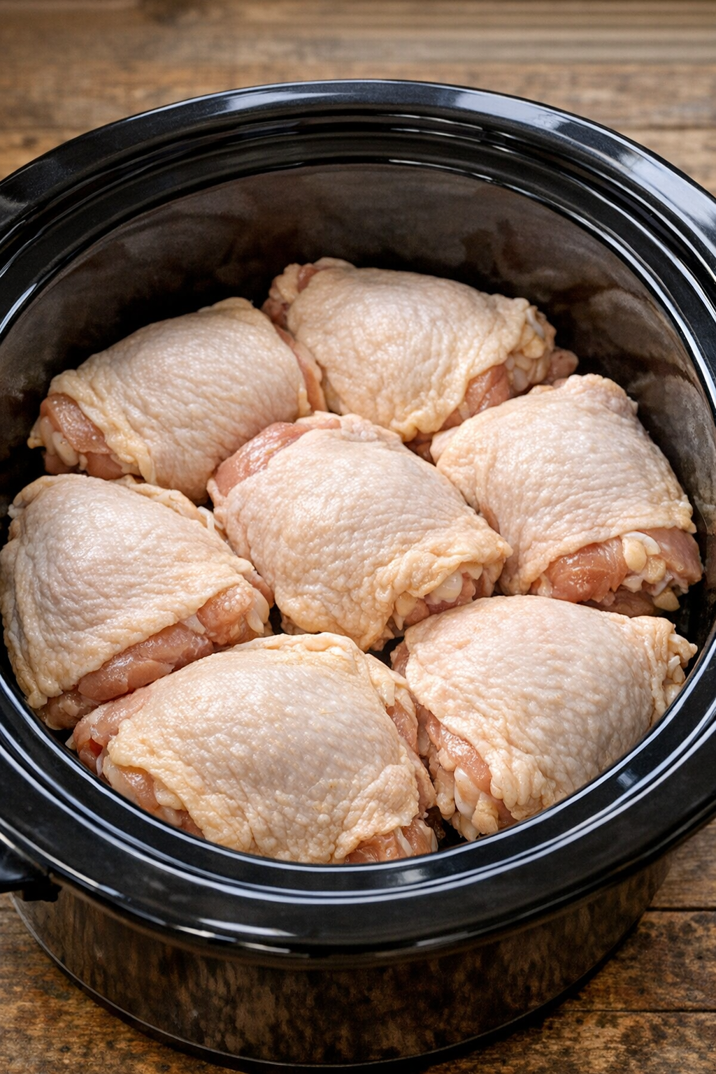Raw chicken thighs arranged in a slow cooker