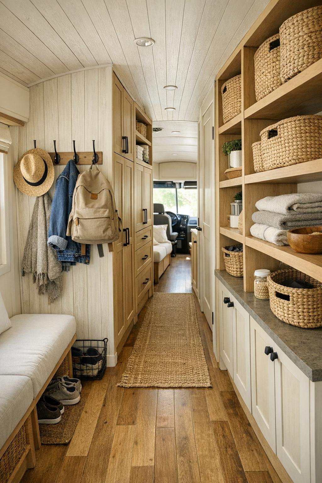 Bus hallway and storage area with built-in cabinets and soft neutral finishes