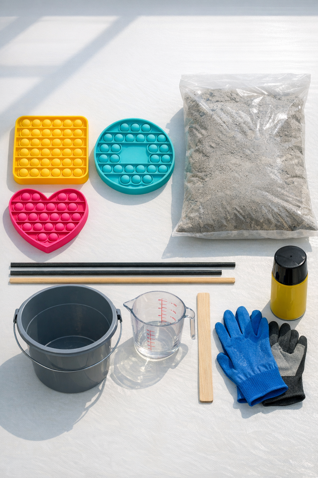Materials for making cement fluted yard stakes laid out on a work surface