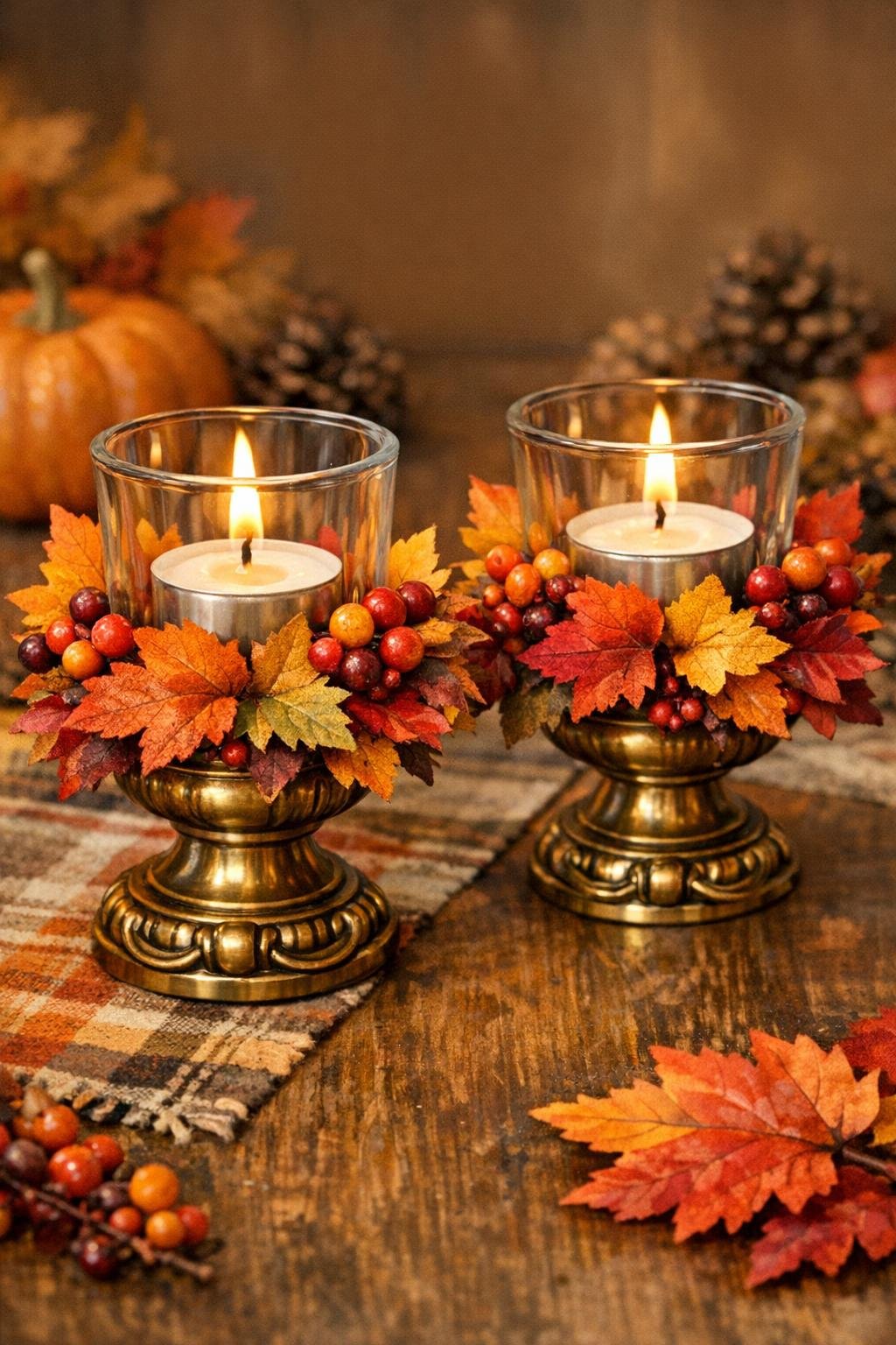 Two finished autumn candle holders made from glass votive cups and brass drawer pulls on a fall table