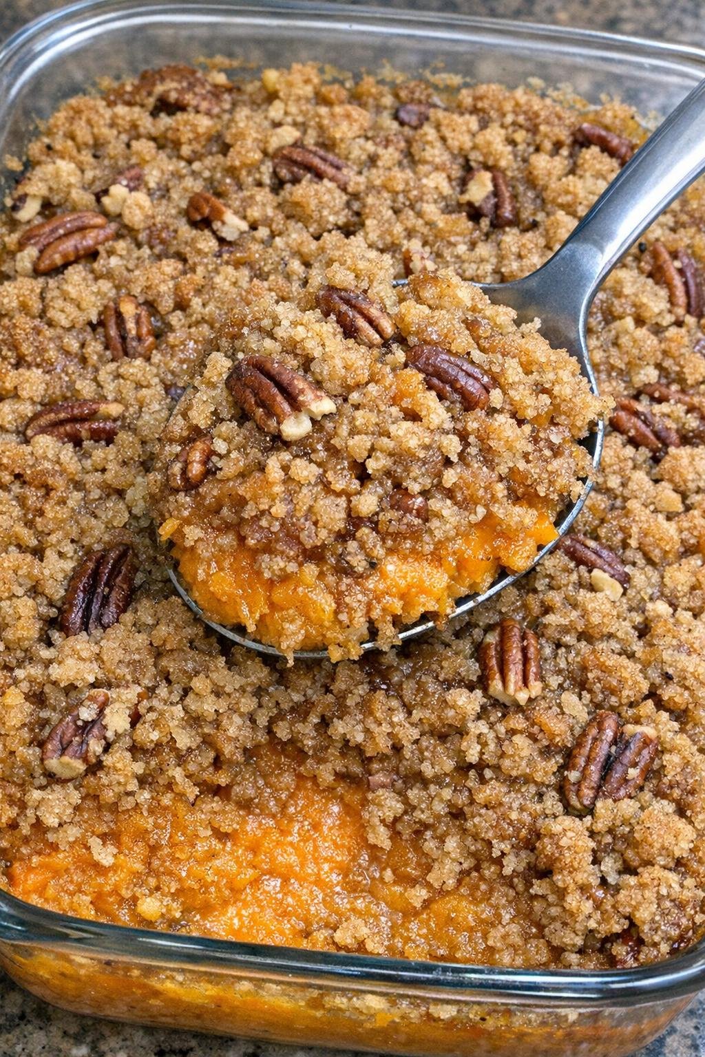 Sweet potato casserole in a glass dish