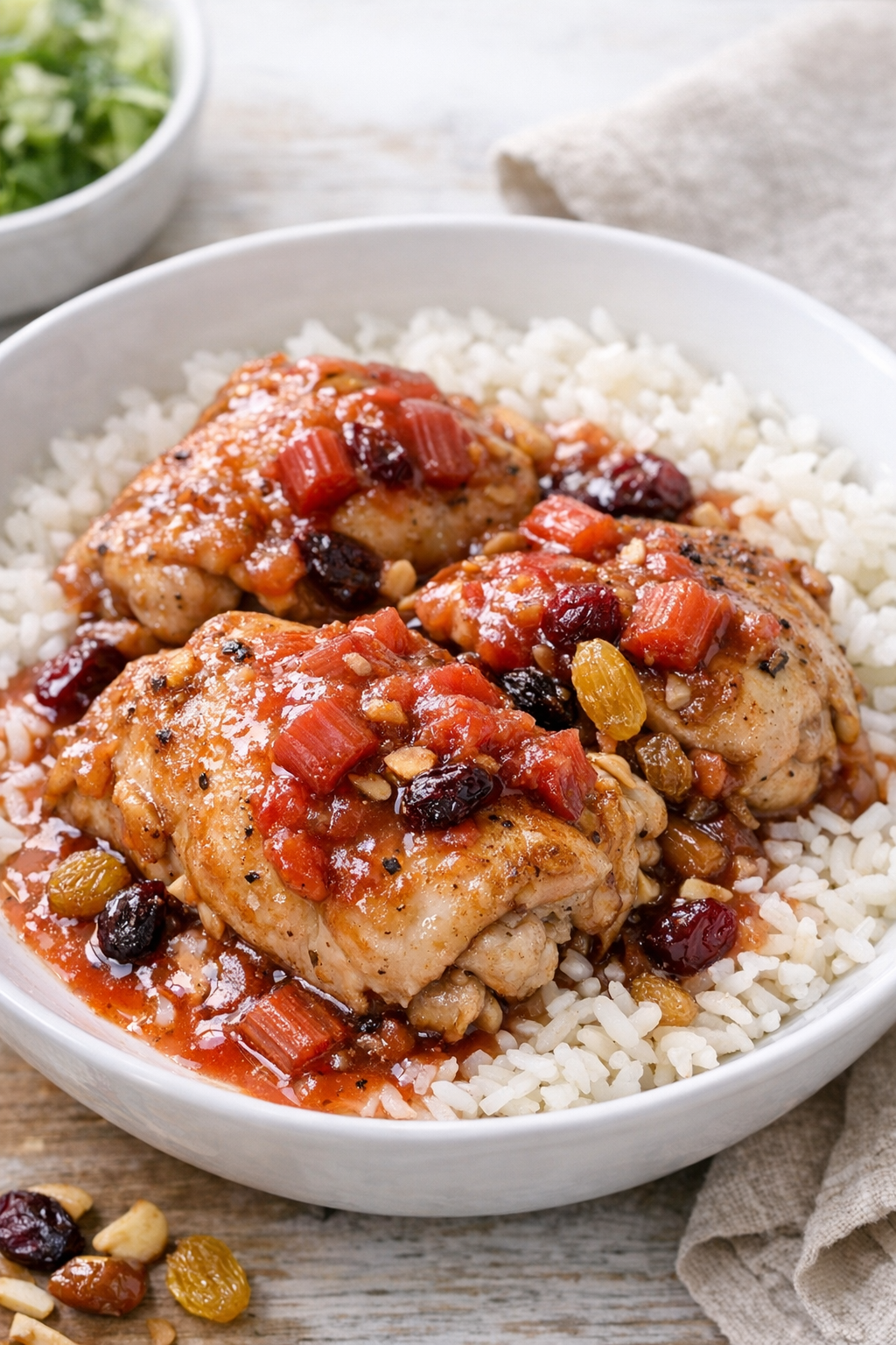 Plated slow cooker chicken with rice and rhubarb sauce