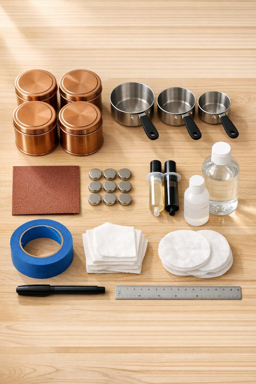 Materials for a magnetic measuring cup holder laid out on a table