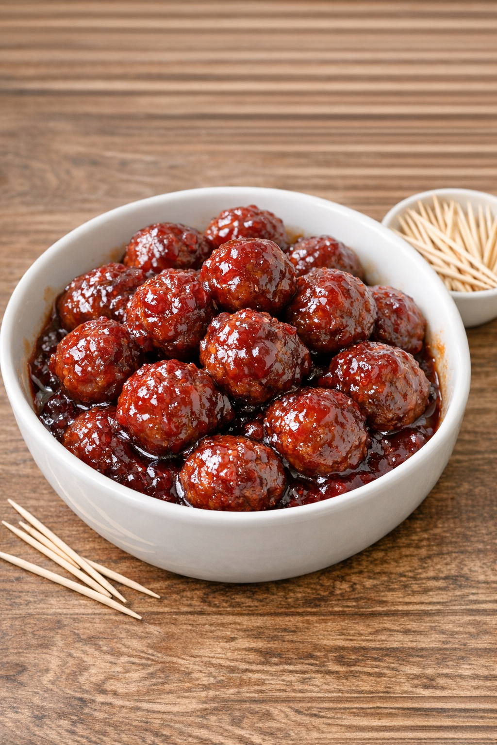 Finished cranberry chili meatballs plated in a white serving bowl