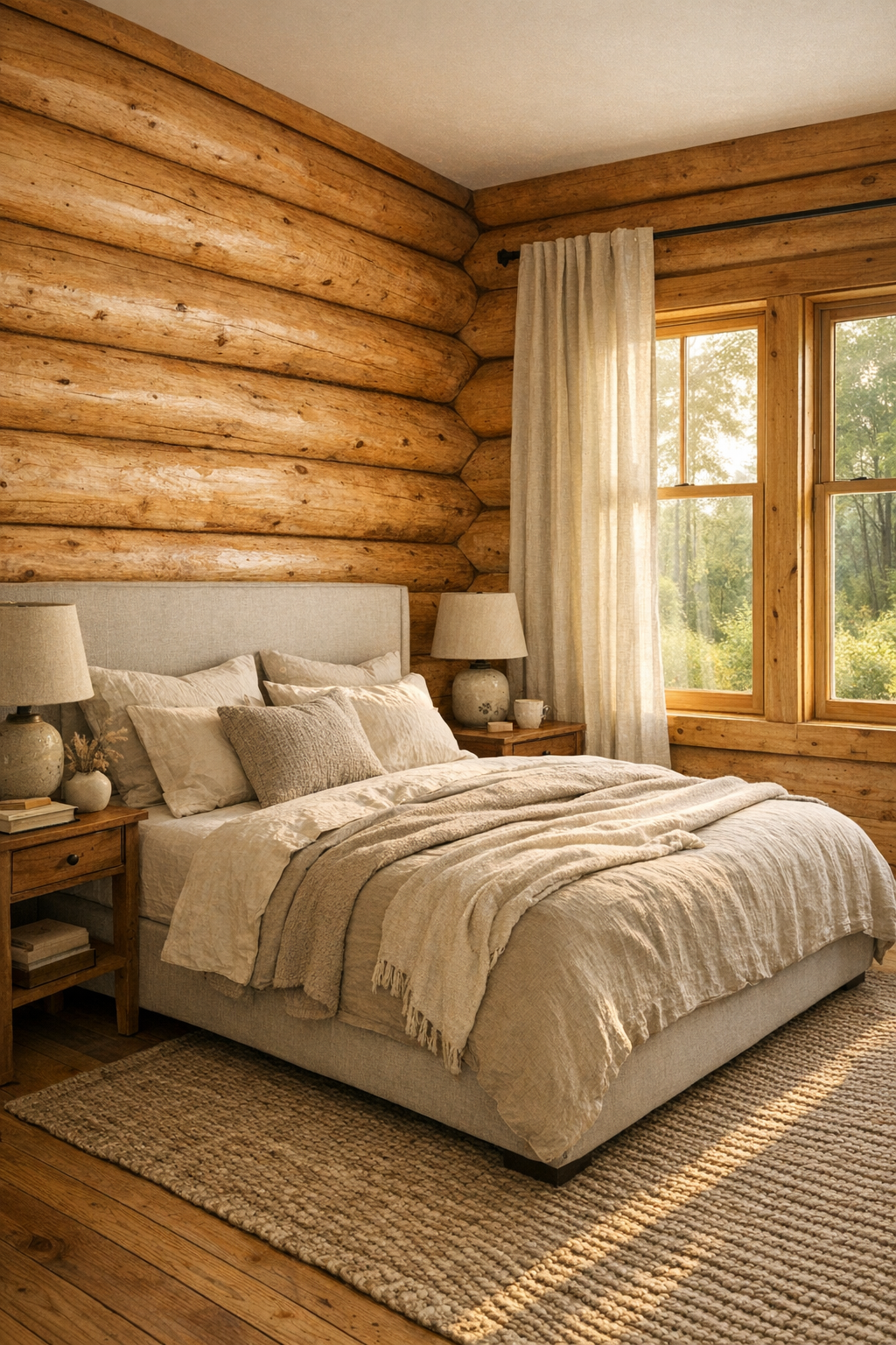 Peaceful bedroom with log walls, linen bedding, and soft natural light