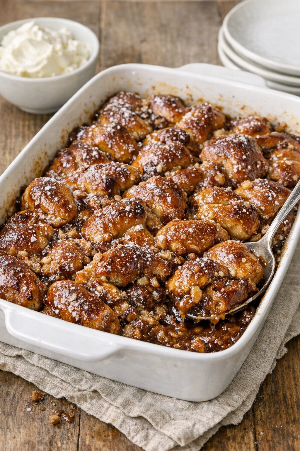 Baked pretzel dessert in a rustic baking dish
