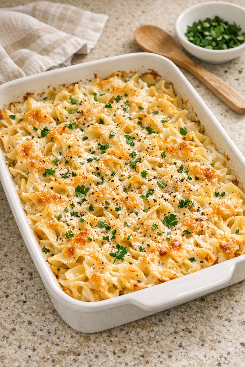 Finished baked buttermilk ranch noodles casserole in a white baking dish