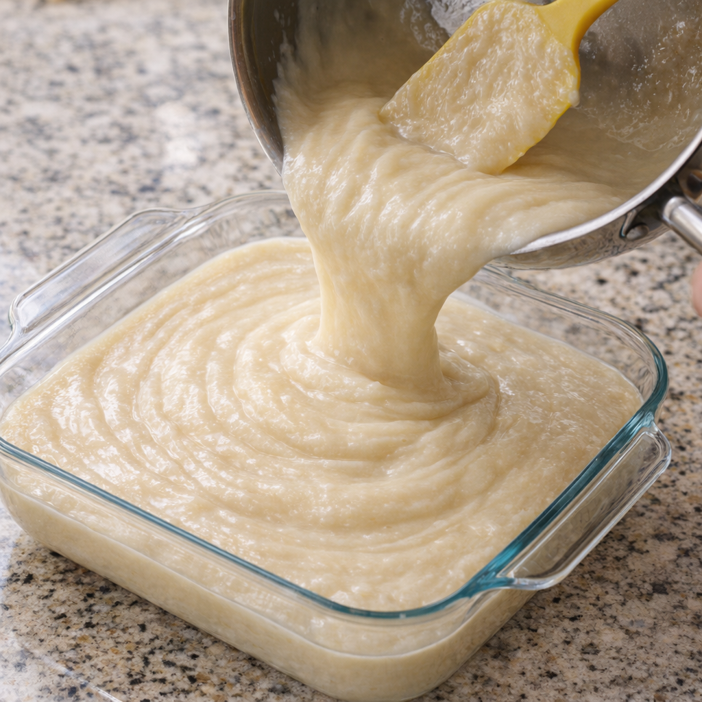 Freshly cooked pudding poured into a glass casserole dish
