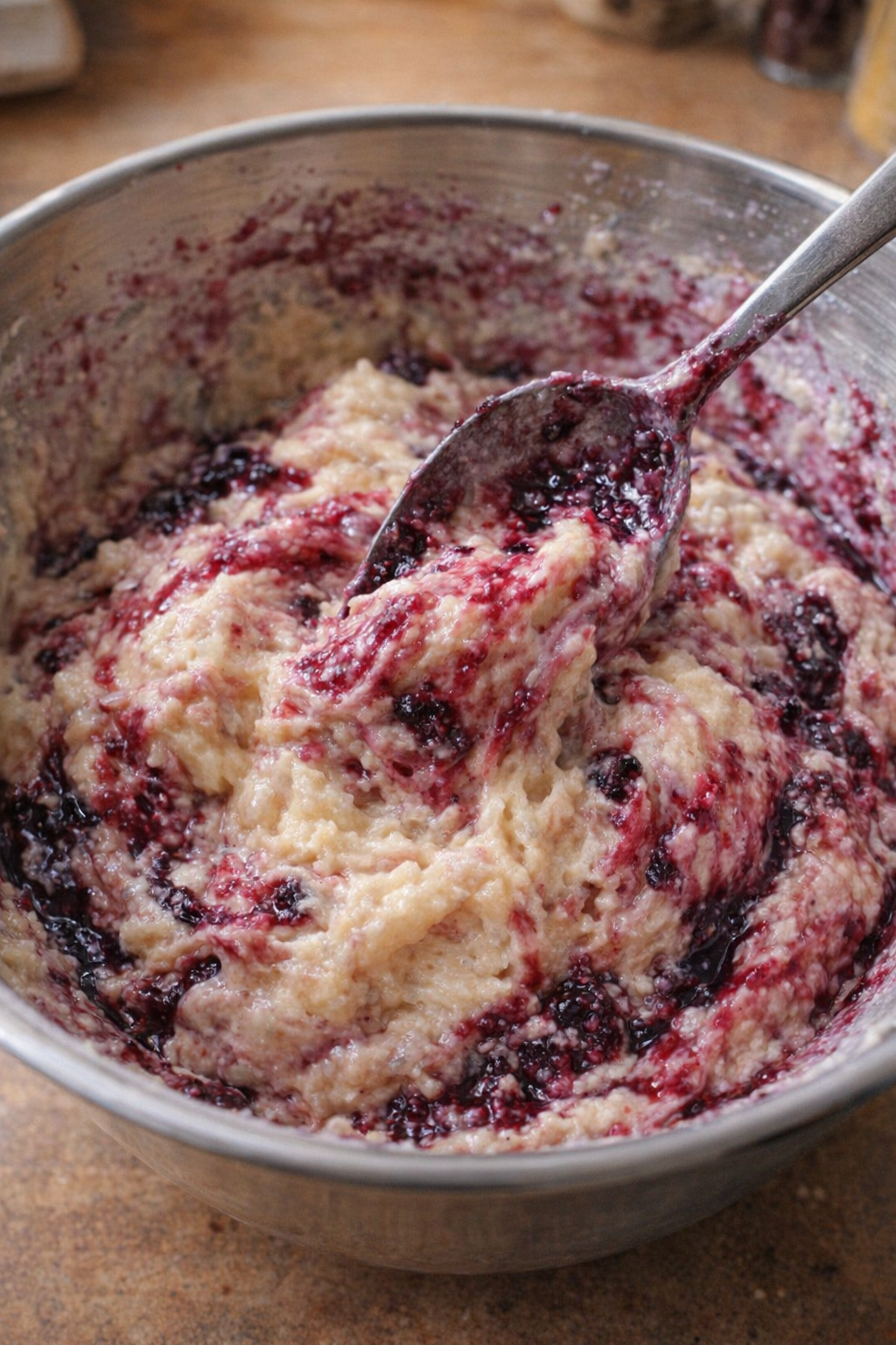 Sticky dumpling dough being mixed with blackberry syrup