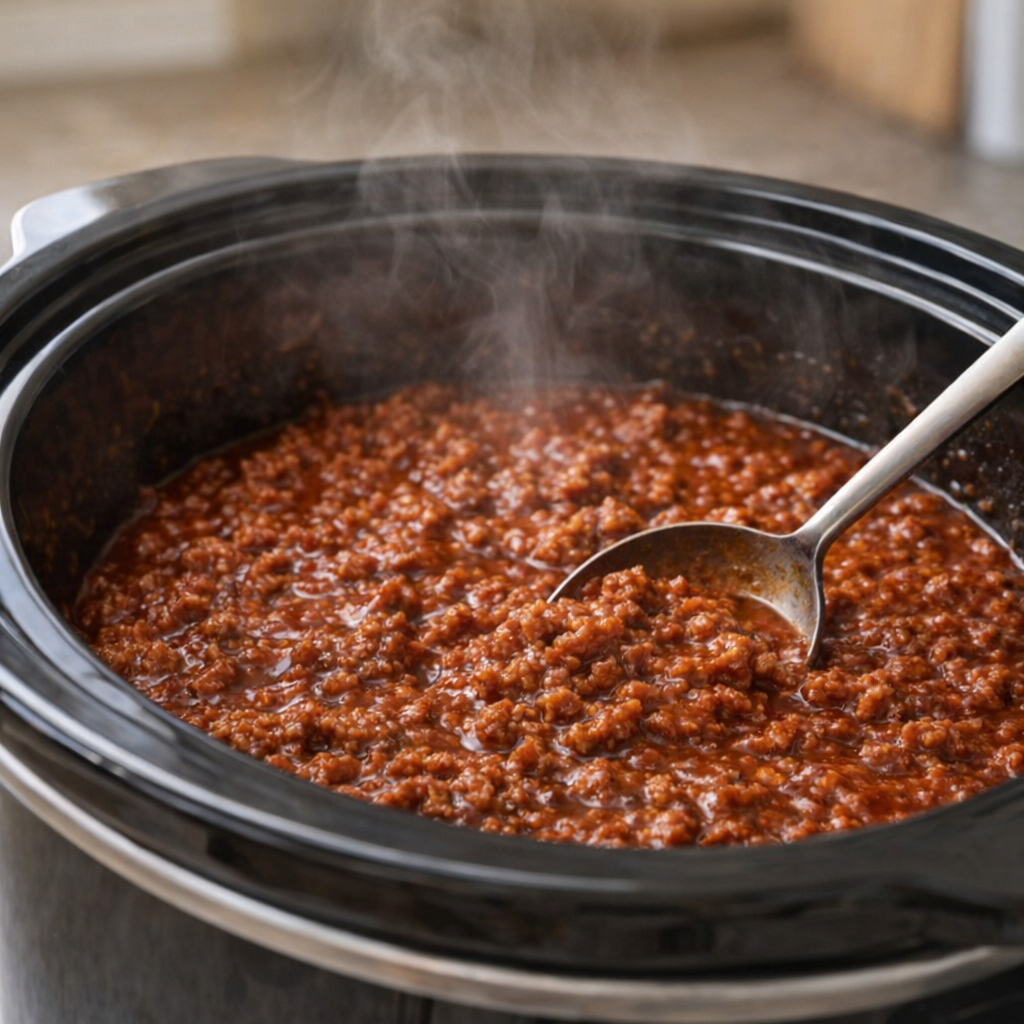 Cooked sloppy joe filling in a slow cooker