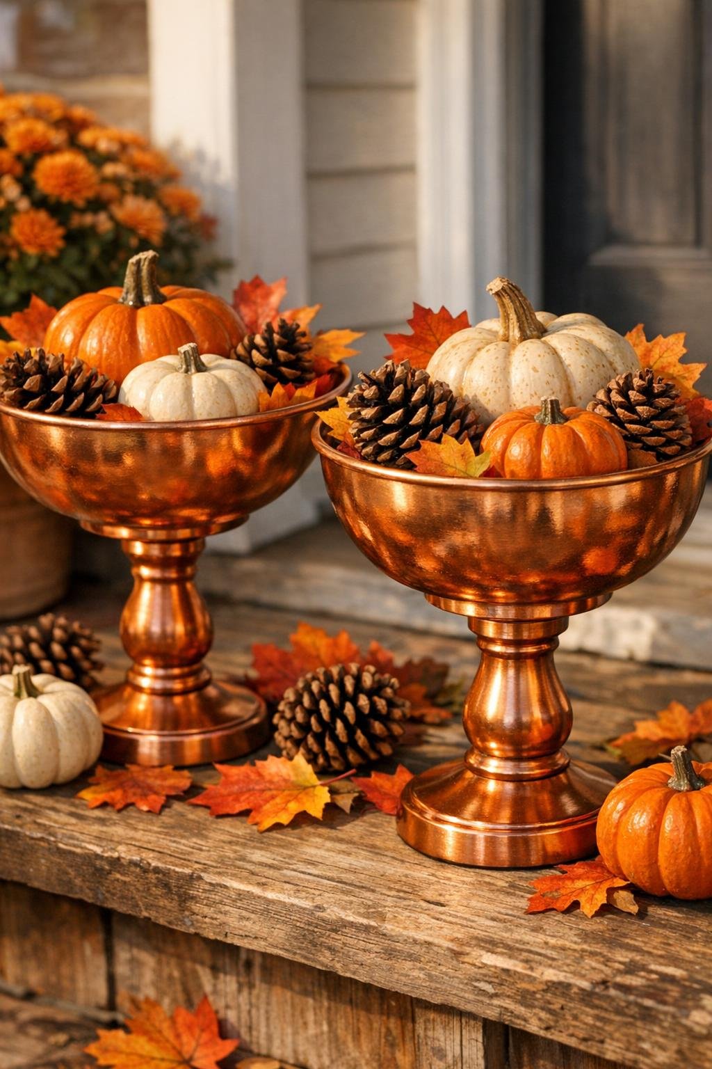 Finished copper pedestal harvest bowls styled on a front porch