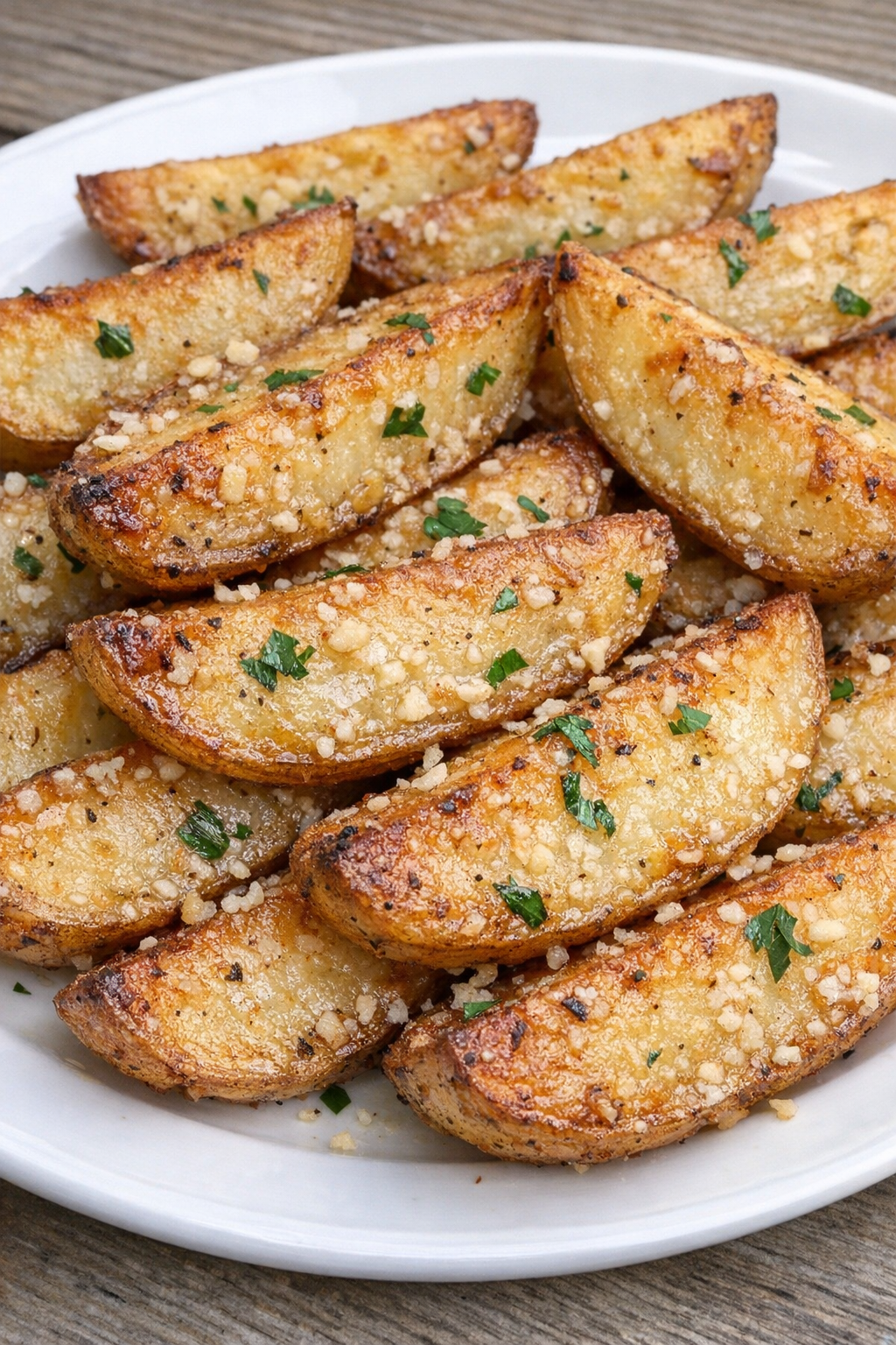 Crispy golden potato wedge dippers with garlic butter glaze on a white serving platter