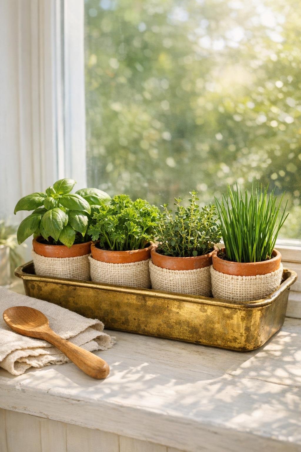 Finished loaf pan herb planter on a kitchen windowsill