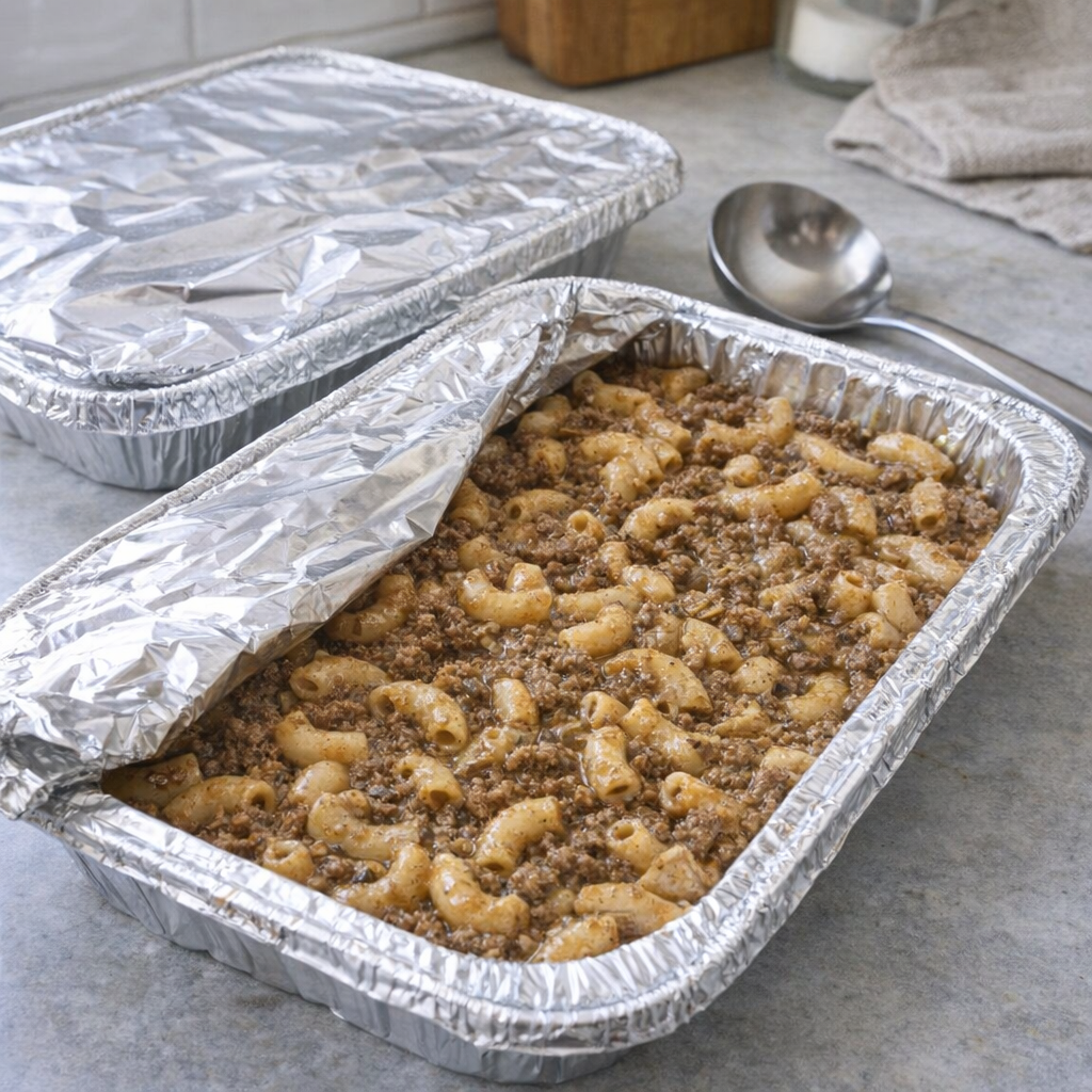 Foil trays of beef macaroni ready for reheating