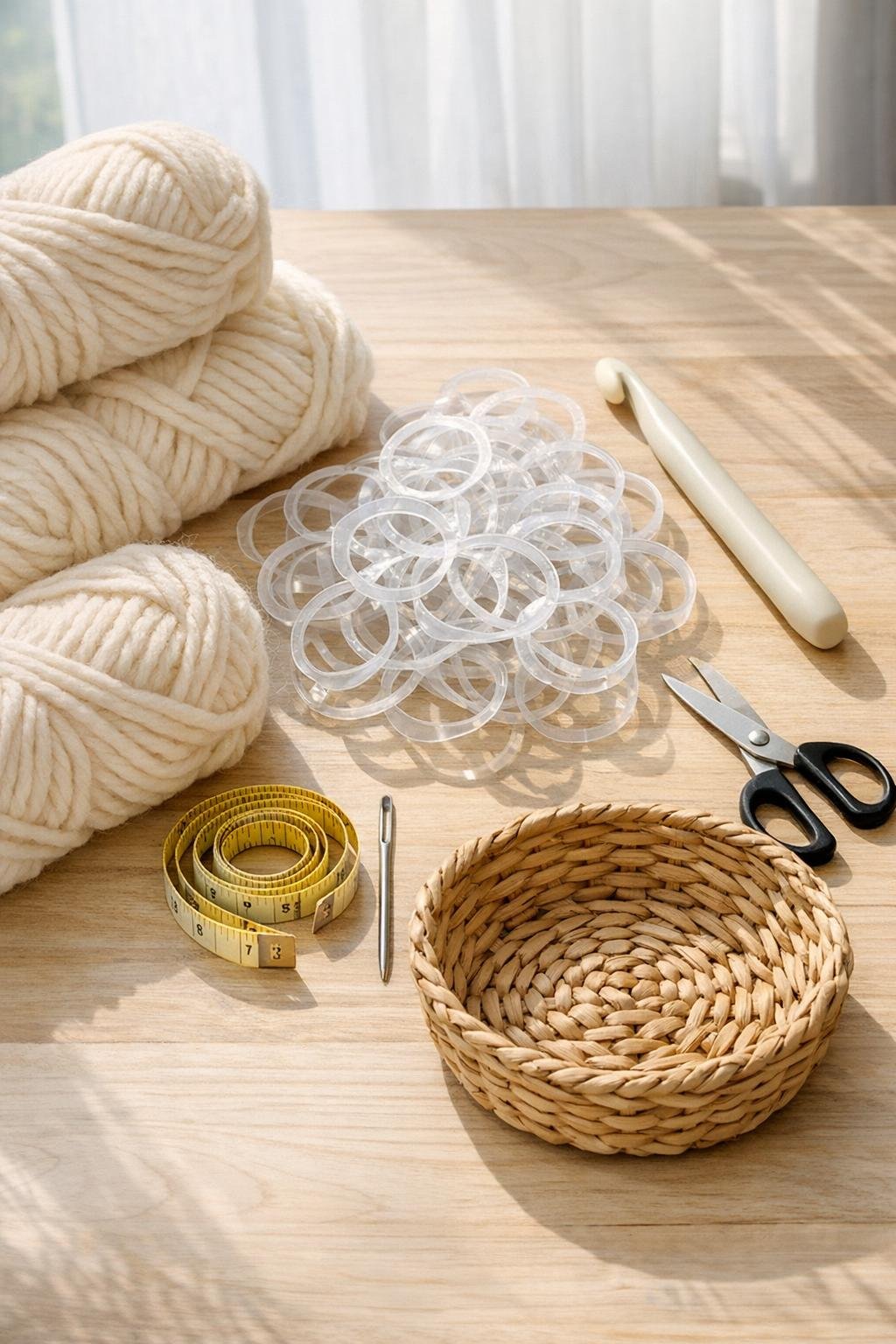 Crochet materials and plastic soda bottle rings laid out for the project