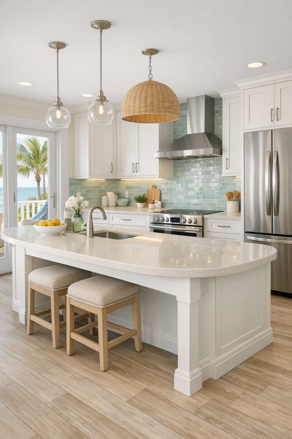 Barrier-free coastal kitchen with shell white cabinets, a pale quartz island, and a sea-glass tile backsplash
