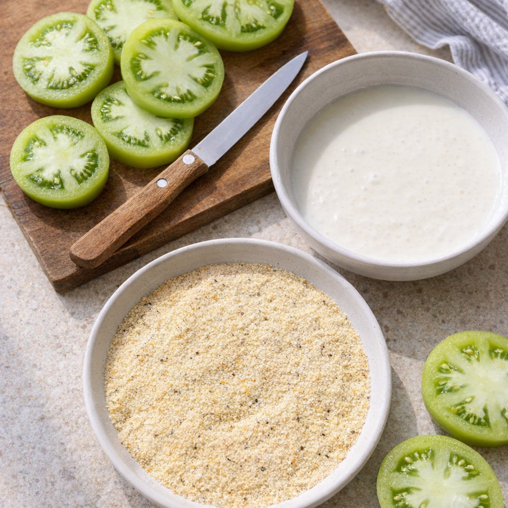 Fresh green tomatoes and cornmeal arranged for frying