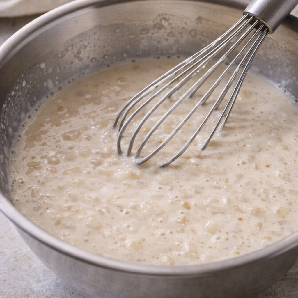 Cream of onion soup mixture being whisked in a bowl
