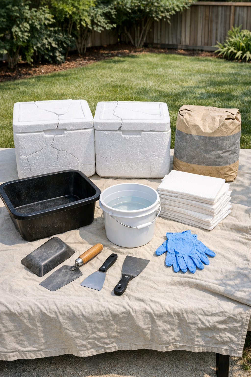 Materials for making two cement-coated insulated yard boxes laid out on a work surface