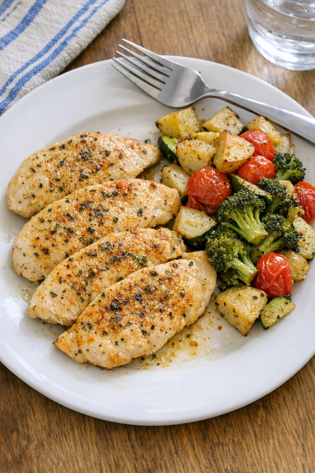 Finished baked thin-sliced chicken breasts on a plate
