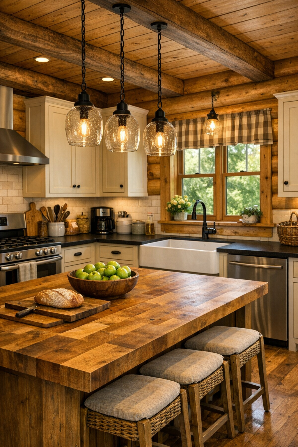 Inviting log home kitchen with creamy cabinets and butcher block island