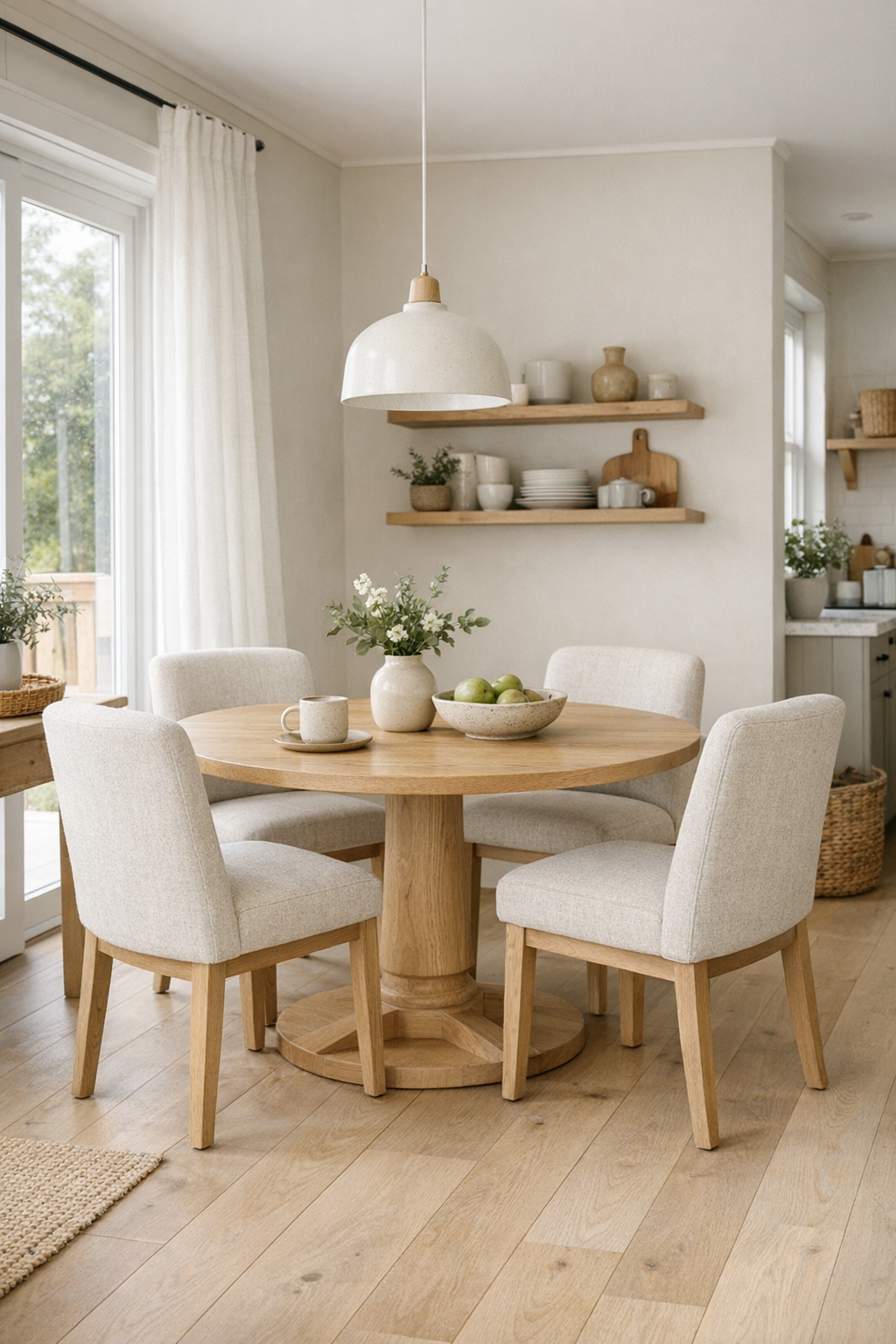 Tiny home dining area with round oak table, upholstered chairs, and soft neutral finishes
