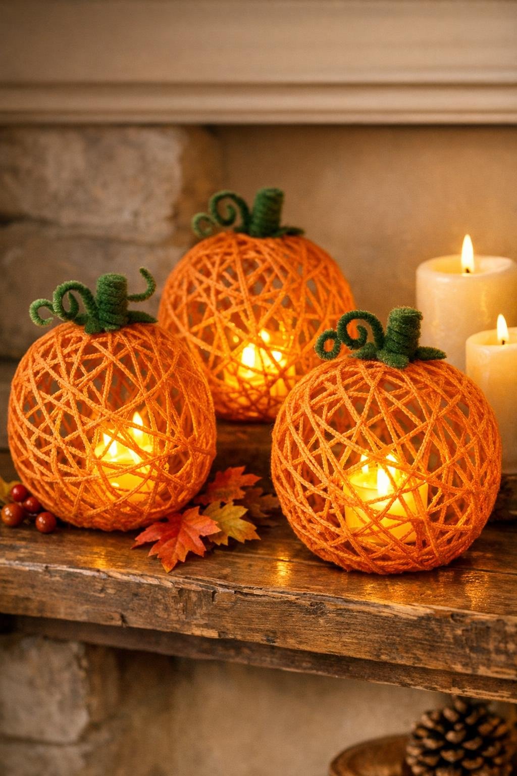 Finished glowing string pumpkin lanterns displayed for fall