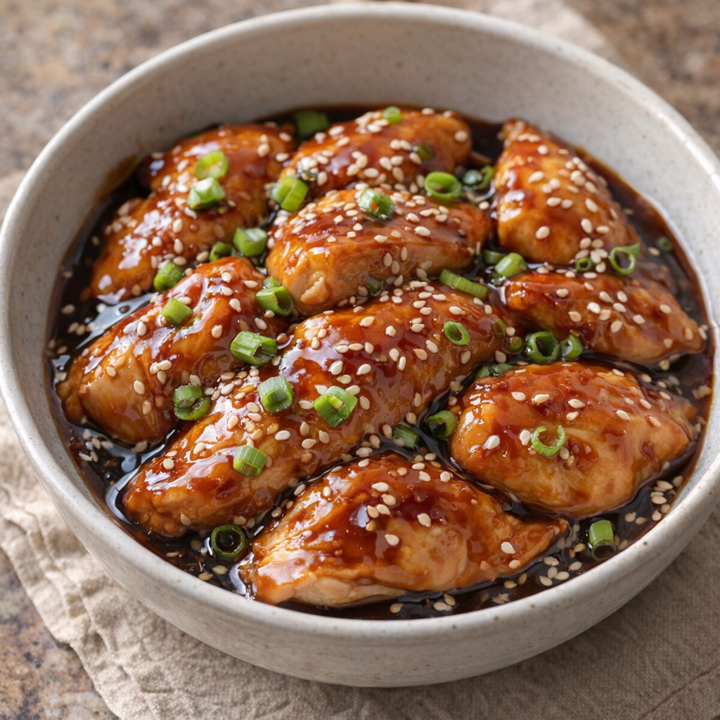 Finished teriyaki chicken topped with green onions and sesame seeds