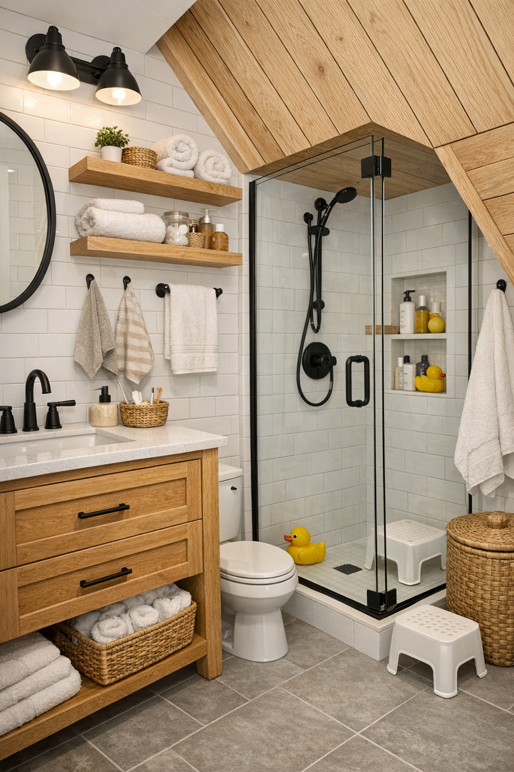 Compact handcrafted bathroom with an oak vanity, white tile, black fixtures, and a glass shower