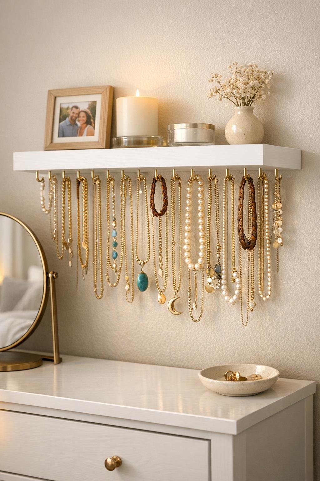 Finished floating shelf jewelry holder in a bedroom